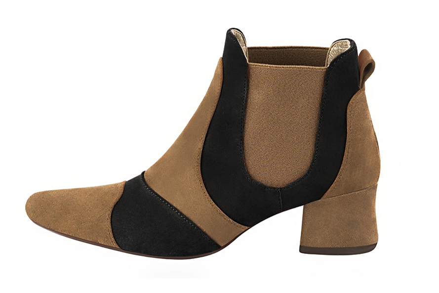Biscuit beige and matt black women's ankle boots, with elastics. Round toe. Low flare heels. Profile view - Florence KOOIJMAN
